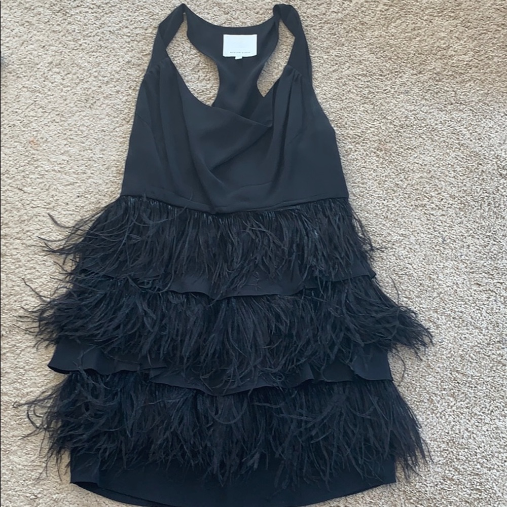 Madison Marcus Black Silk Dress w/ Feathered Skirt